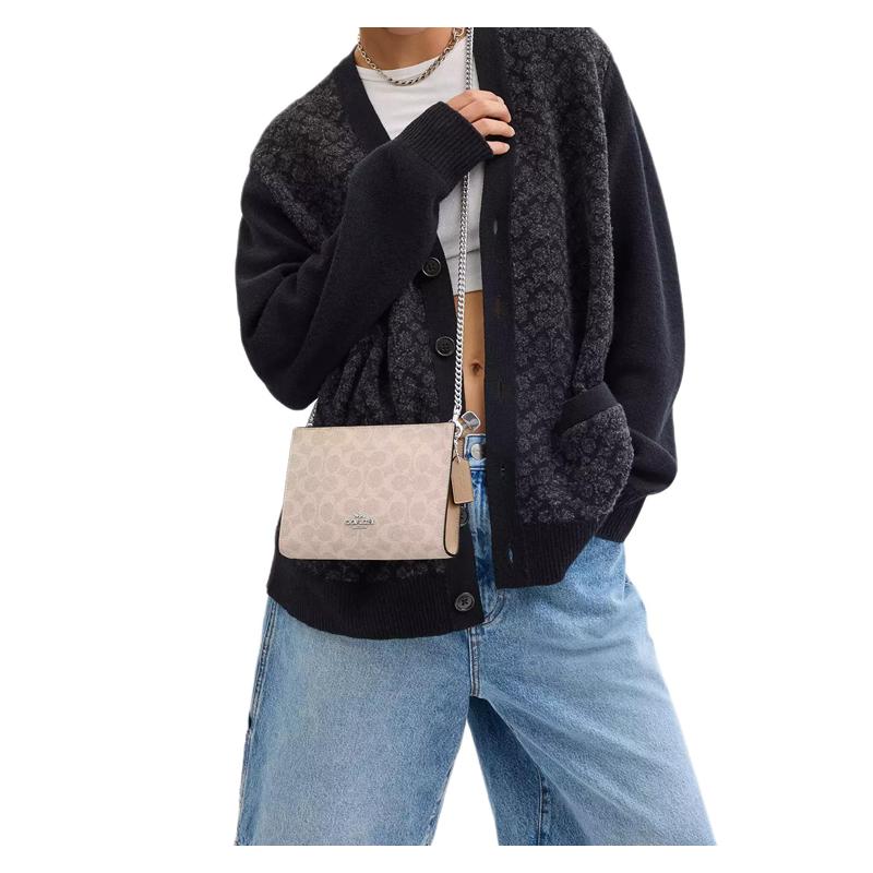Coach Slim Crossbody 19 Logo-printed Zipper Closure Coated Canvas Shoulder Crossbody Bag Small Women's Silver Sand and Taupe