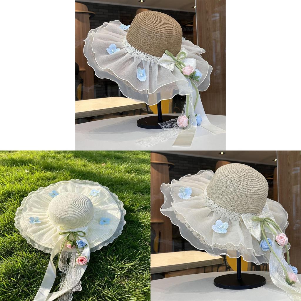Summer Straw Hat For Women With Lace Bow Sun Protection Beach Vacation