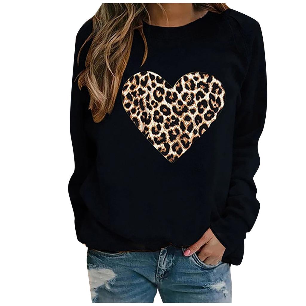 Women Casual Fashion Leopard Print Love Hoodless Plus Fleece Long-sleeved Sweater Top