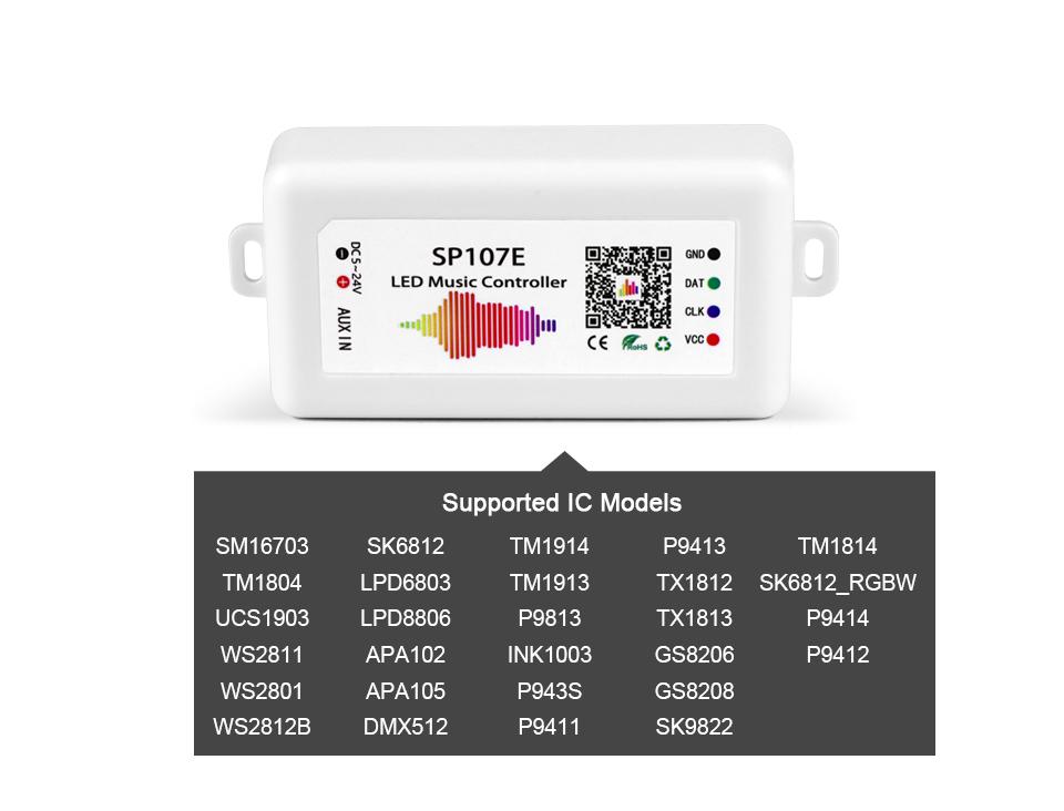 WS2812B WS2811 Pixels LED Strip Light Controller SP107E DC5-24V Addressable RGBIC Bluetooth / Music Controller