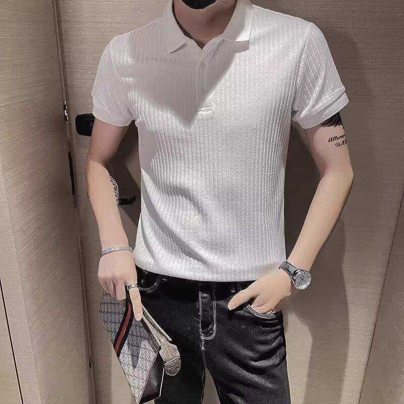 Polo da Uomo alla Moda Stile Coreano Testurizzata - Tinta Unita, Maglia a Coste, Manica Corta