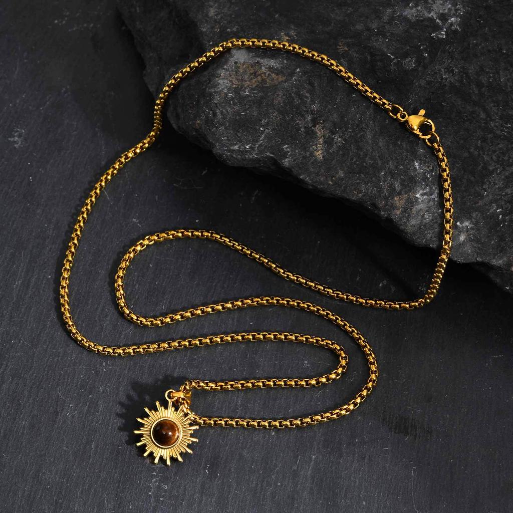 Vnox 60cm Box Chain Sunflower Pendant Necklace, Tigers Eye Stone Silver Gold Plated Lobster Clasp Jewelry Gift for Men Women New