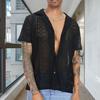 Men Summer Shirt Solid Color Hollow Out Lapel Short Sleeves Single-breasted Daily Wear Loose Breathable Men T-shirt Men Clothes