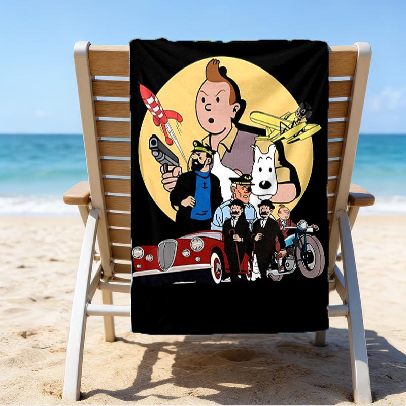 proof beach towel with a The Adventures of Tintin pattern - soft,absorbent,quick-drying,machine washable - perfect for swimming,camping,bathing