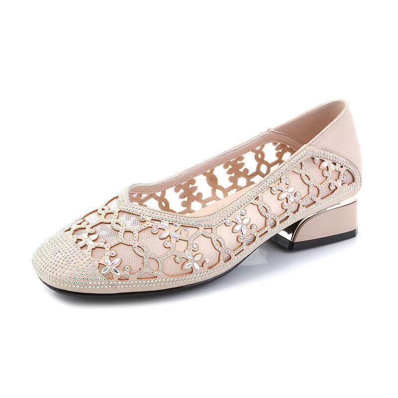 Summer Shoes Women Low Heels Breathable Mesh Shoes Square toe Elegant Office Lady Shoes Black Beige Grey Plus Size 42