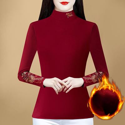 New Winter Casual Pullover Long-sleeved Base T-shirt for Women's Half-high Neck Embroidered Middle-aged Mother's Top