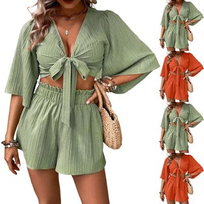 Conjunto de Duas Peças Feminino de Verão Solto Confortável Casual Fashion Sólido Cor V-laço Cordão Manga Curta Shorts