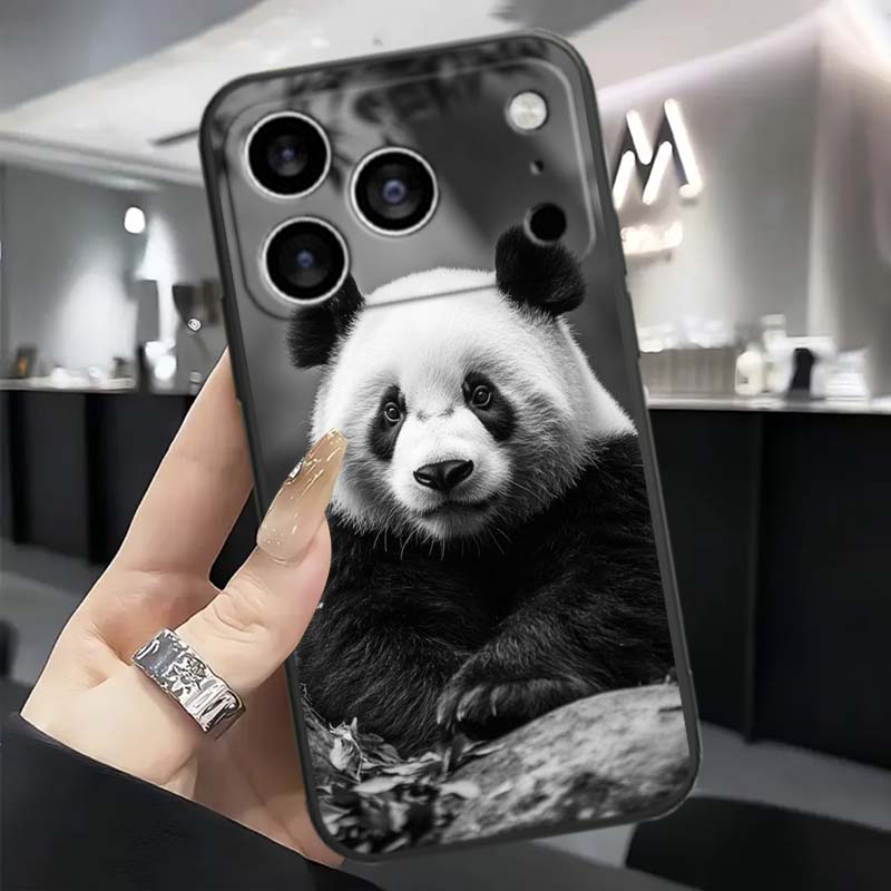Cartoon Anime Panda Cute For Apple iPhone 17 16 16E 15 14 13 12 11 Pro Max Plus Black Soft Silicone Phone Case