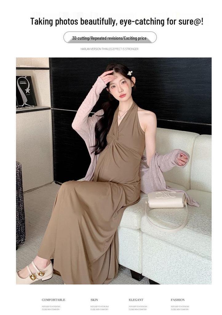 Maternity Dress Set: Spring/Summer 2026 Halter Neck Sun Protection & Slimming Design