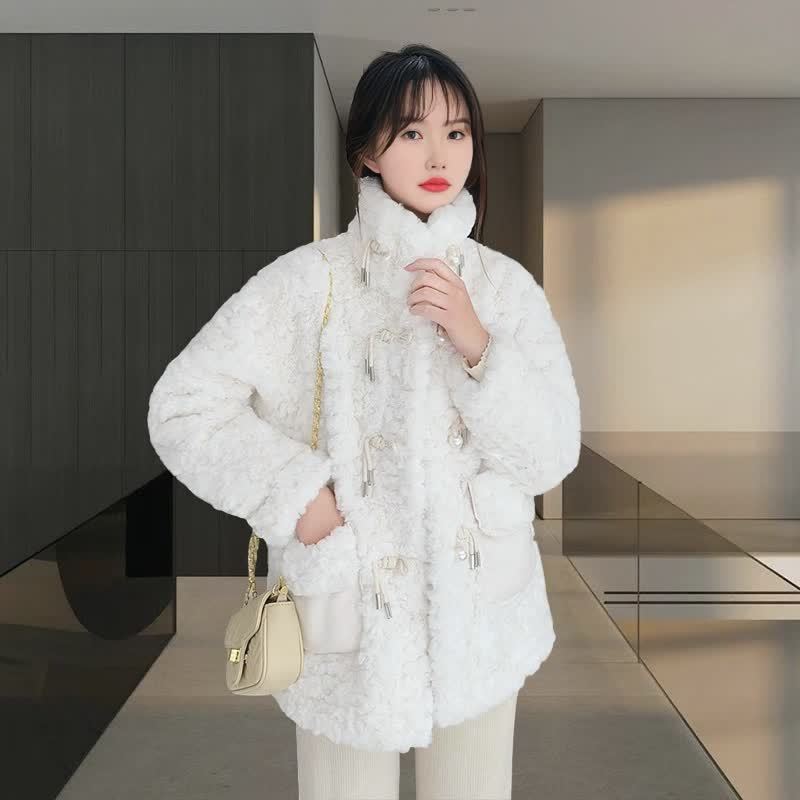 Fashionable Plush Coat, Sweet Stand-up Collar Coat for Women Winter