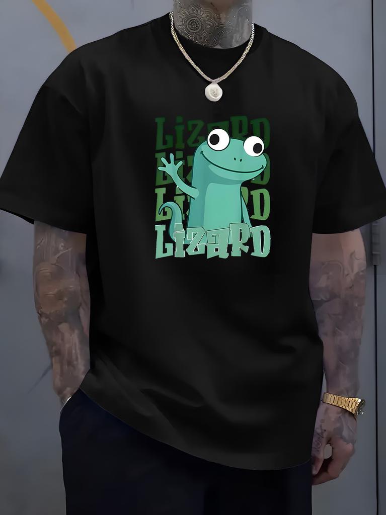 Unisex O Neck Tee Cute Cartoon Lizard Letter Combo Print Cotton Short Sleeve Loose Summer Breathable Daily Casual Basic Wear Top