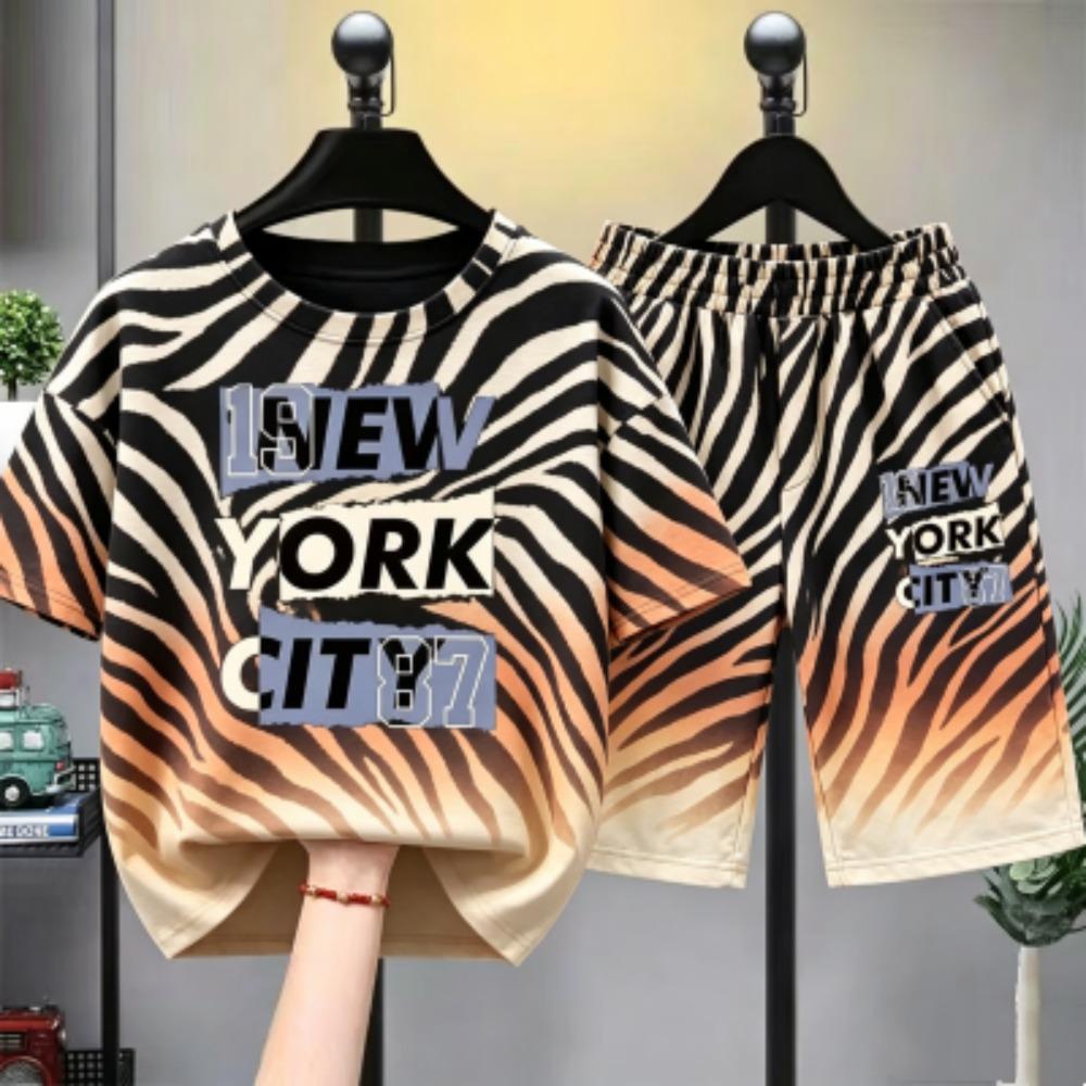 

Colorful Zebra Stripe Letter Printed Kids T-shirt and Shorts 2 Piece Set Summer Home Outdoor Casual Outfit for Boys and Girls Kids T-shirt Set 100