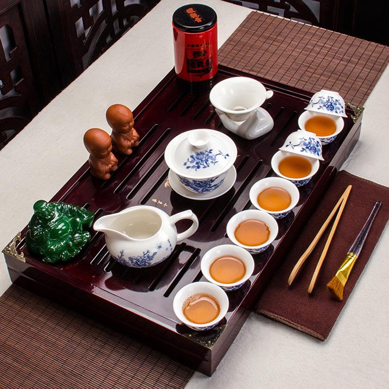 Juego de té chino de vidrio transparente resistente al calor, juego de té de madera maciza con paquete de bandeja de té Kung Fu