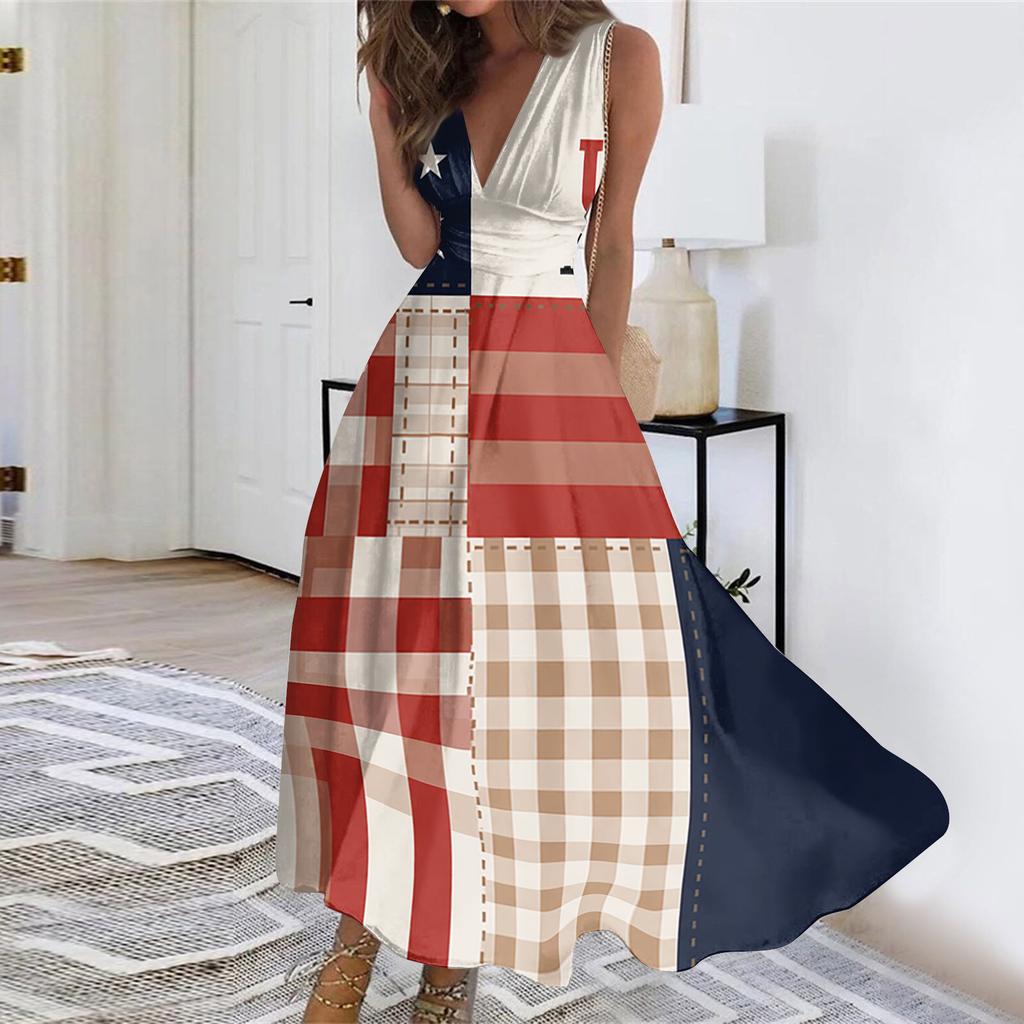 Womens Sleeveless V Neck Wrap Maxi Dress Patriotic Flag Print Floral Swing Summer Sundress Casual High Waist