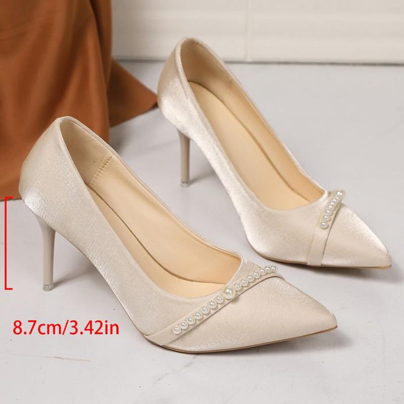 Fashion Temperament Satin Pearl Pumps for Women Summer 2025 Shallow Thin Heels Women'pumps Party Pointed Toe Female High Heels