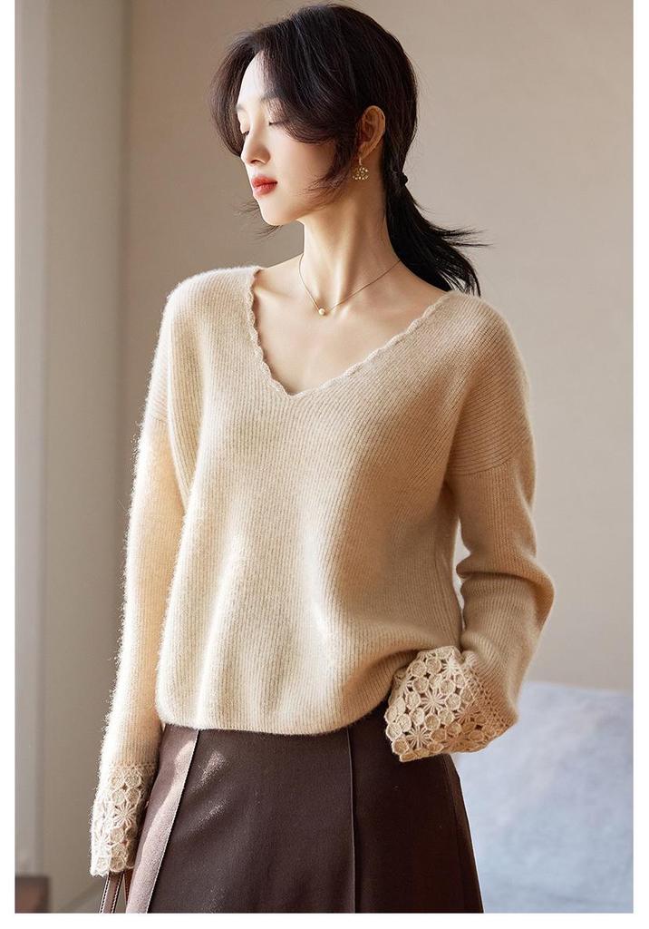 Early Autumn V-Neck Crochet Lace Wool Sweater – 100% Wool, Loose Fit, Long Sleeve for Women