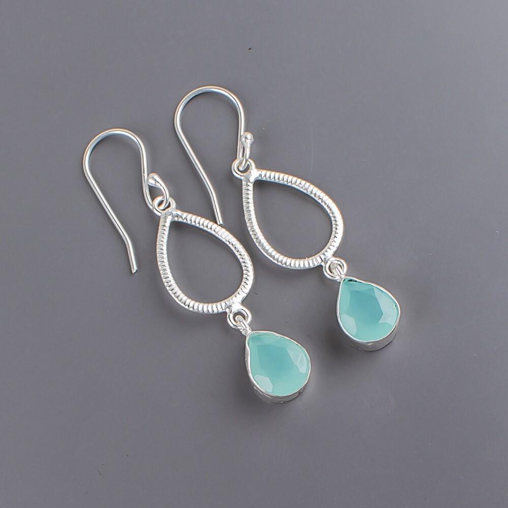 Aqua Chalcedony Gemstone 925 Sterling Silver Jewelry Handmade Earrings 1.90" EE-16-15