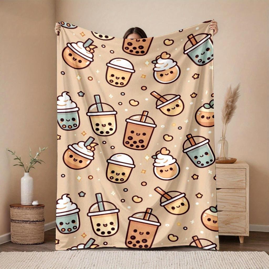 1pc Cute boba milk tea pattern blanket, made of polyester, machine washable, suitable for bedroom and living room decoration.
