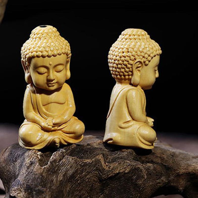 Vintage Mini Boxwood Carved Crafts Buddha Pendant Cute Little Monk Figurine Guanyin Statue Home Decoration Car Ornament Gift