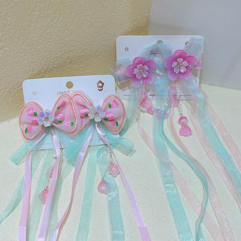 Podoabă de păr Hanfu de zână pentru copii: Clips de păr drăguț cu fundă, ciucure și panglică
