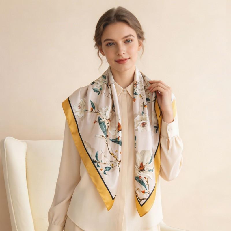 Elegant Floral Print Square Scarf Women 90x90cm Lightweight Silk-Like Accessory