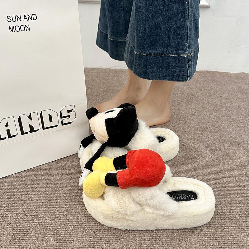 Cartoon Mickey Splicing Suede Fluffy Slippers Women's Autumn and Winter Fashion Retro Cute Outer Wear Thick Bottom Baotou Slippers