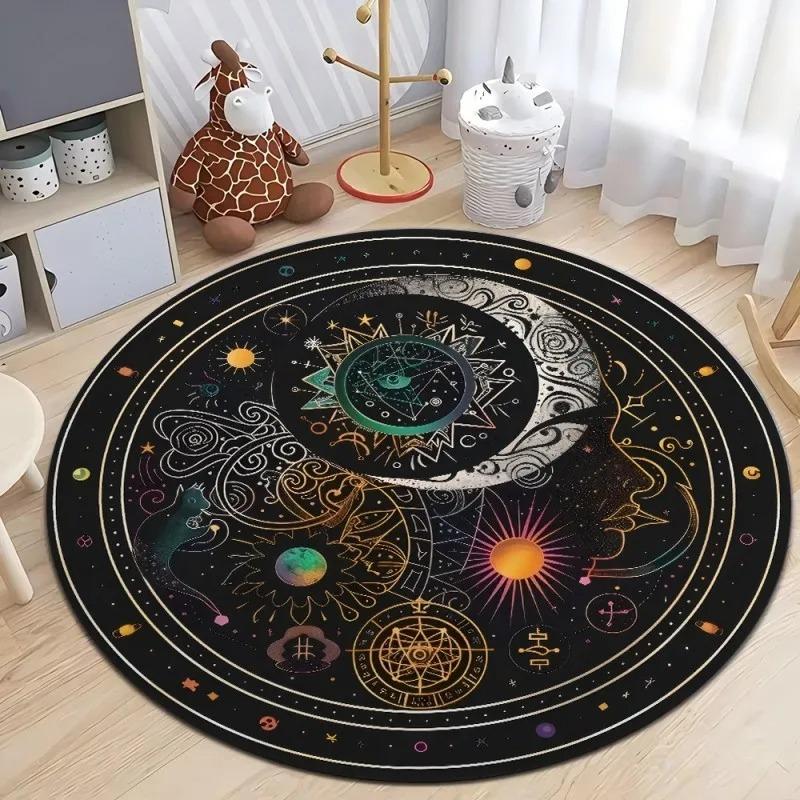 Celestial Moon Star Pattern Round Door Mat for Kids Room Decor Mystical Design Floor Mat Adding Dreamy Space Charm