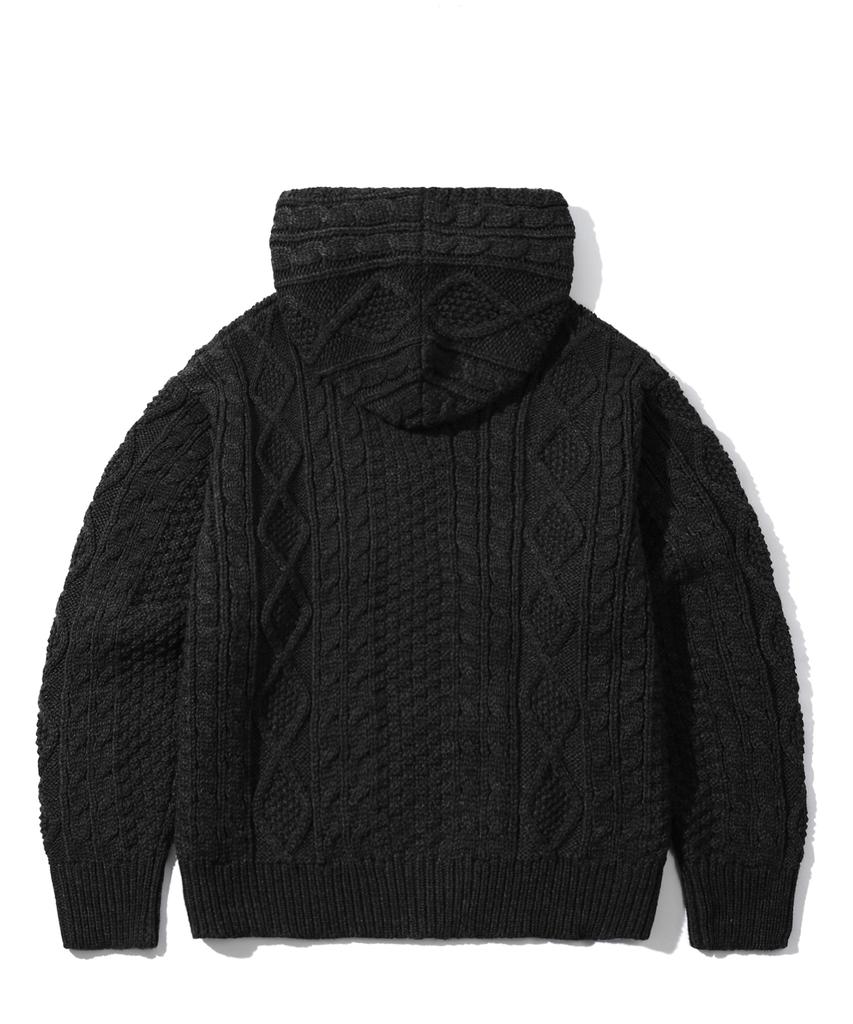TRILLION Washable Aran Cable Hooded Zip-Up Knit (Pure Black)