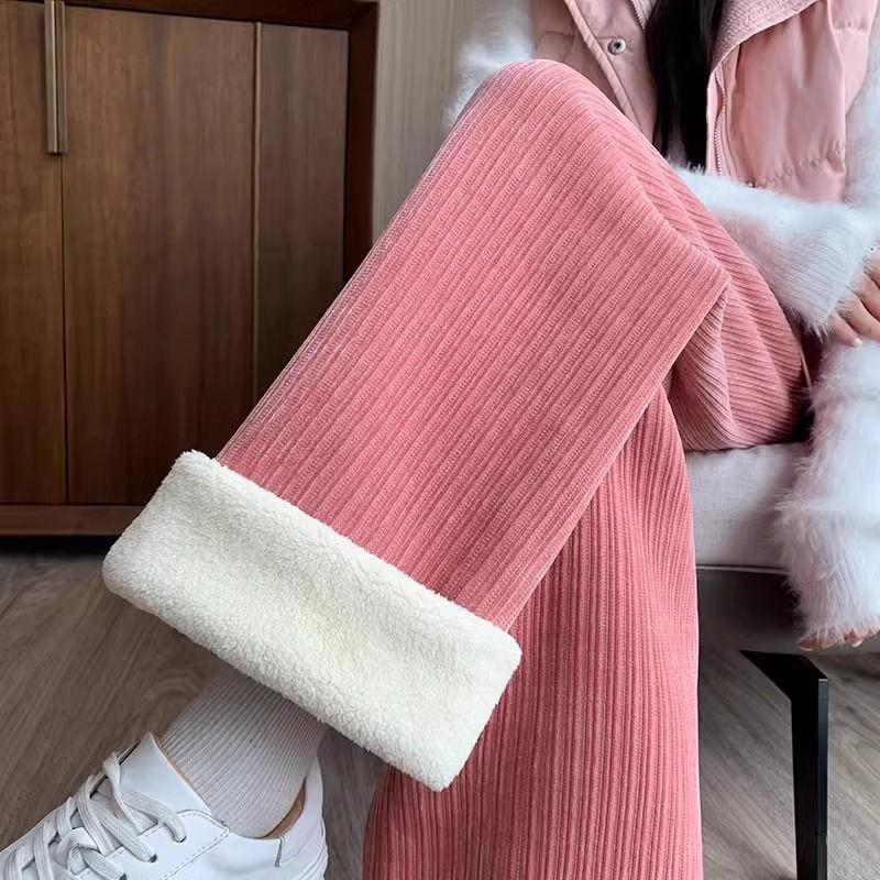Extra-large Lambswool Wide-leg Pants for Women Autumn and Winter with Lining and High Waist Straight-cut Pants