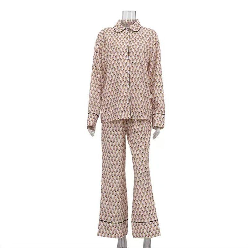 

Fashion Print Casual Loose Long Sleeves Shirt Pants Suit Printed Shirt and Pants Set Orange color S
