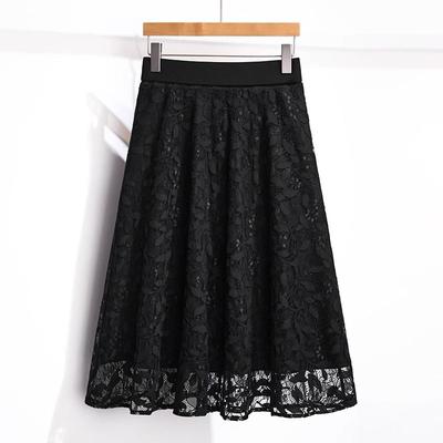 Vestido Longo A-line de Renda de Comprimento Médio para Mulheres na Primavera e Verão Saia Larga Cintura Alta Verão Cintura Elástica