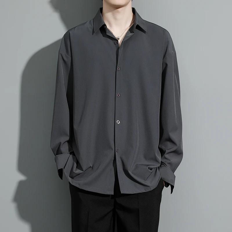 2026 Spring Summer Men Black White Shirt Men Ice Silk Shirts Male Casual Loose Shirt Male Long Sleeve Korean Shirt