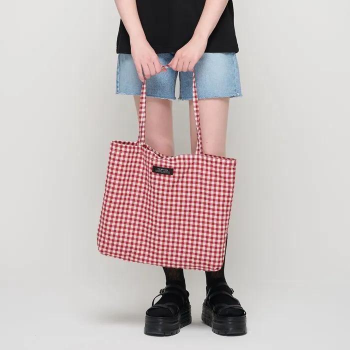 Cotton Gingham Check Shoulder Bag (Red)