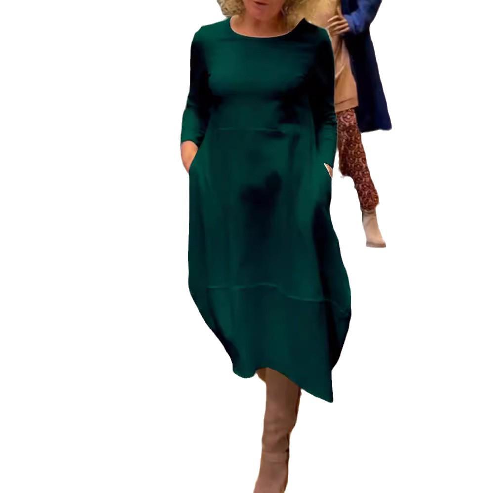 Versatile Solid Color Round Neck Long-Sleeve Dress for Women - Autumn/Winter Collection