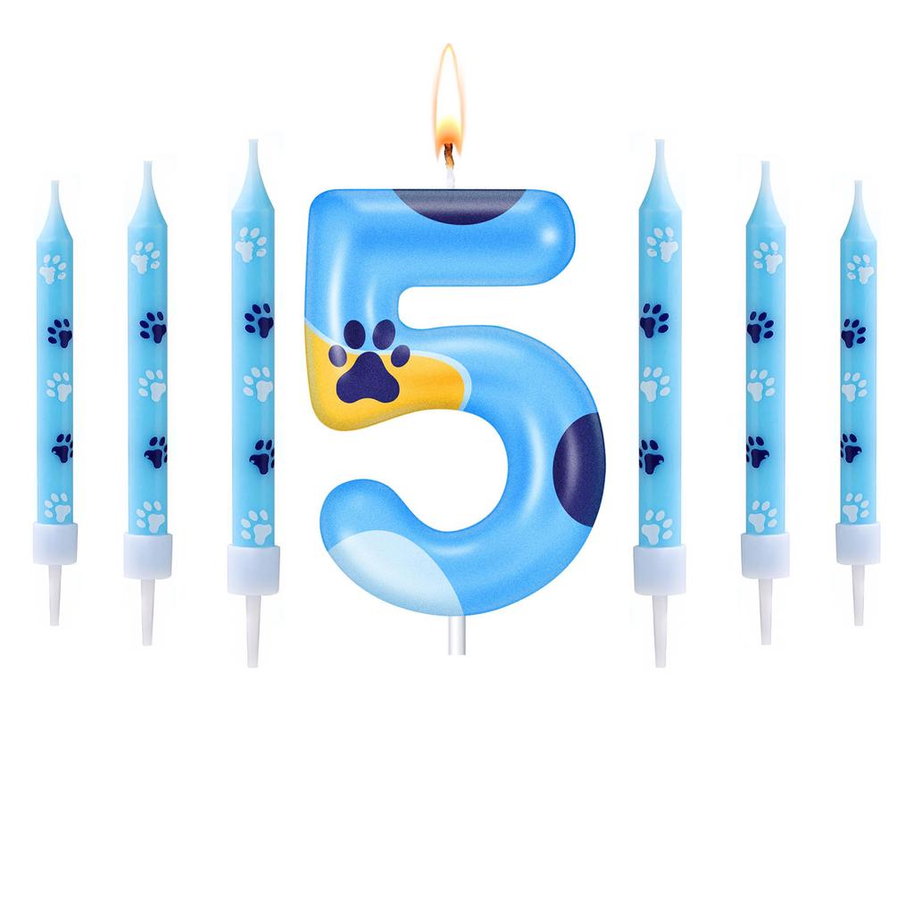 Blue Dog Paw Candles Number 1-7 Birthday Cake Decorations Cake Cupcake Topper for Boy and Girl Birthday Decoration