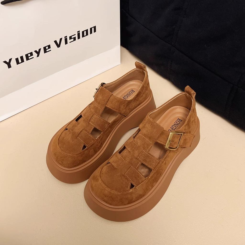 Leather Woven Bag Head Sandals Women's Summer New Platform Shoes One-word Buckle Beach Shoes