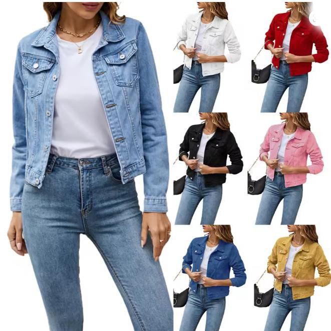 

Жіночі джинсові куртки. Модні жіночі повсякденні джинсові куртки з довгим рукавом і однотонними ґудзиками з нагрудною кишенею. Осіннє зимове пальто. XS