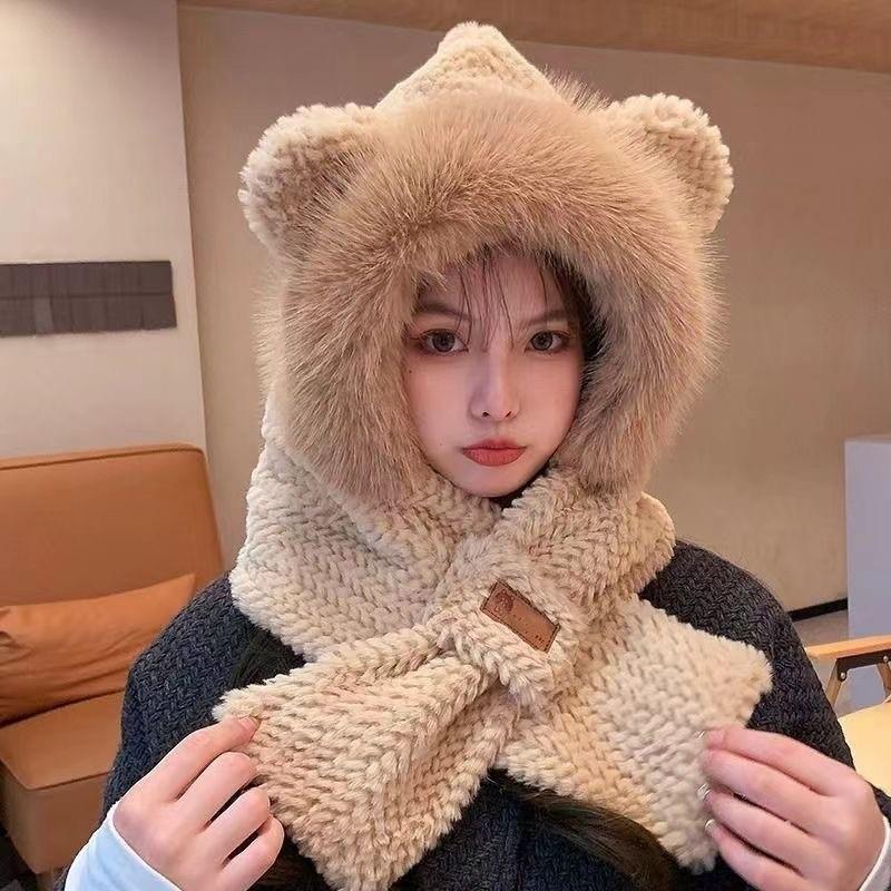 Hat and Scarf Integrated Women's Autumn and Winter Warm Hat Adult Cycling Cold-proof Warm Fleece Ear Hat Winter Hat
