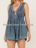 Trendy European & American Women's Mid-Summer Denim Jumpsuit - Pure Cotton, Washed, Pleated, Deep V Lace-Up Shorts