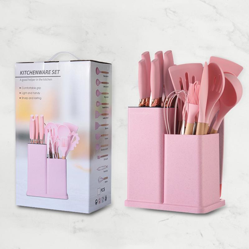 Silicone Kitchenware 19-Piece Set: Non-Stick Pan, Spatula, Soup Spoon, Knife Set with Storage Bucket