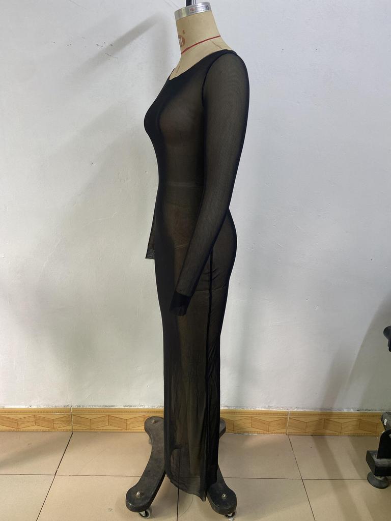 European Summer Slim Mesh See-through Long Sleeve Maxi Dress