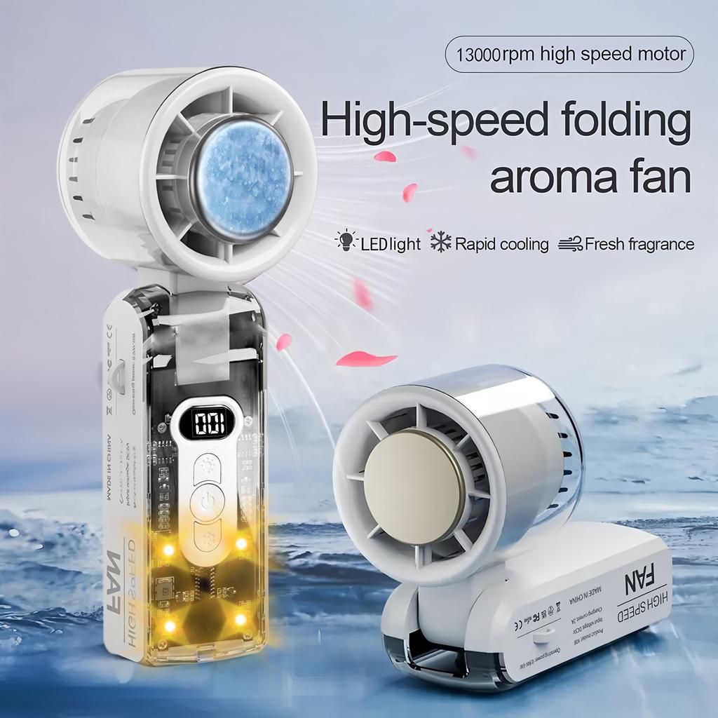 Portable Mini Handheld Fan USB Rechargeable High Speed Folding Cooling Fan with Digital Display & LED Light