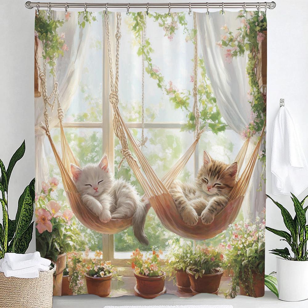 Lovely Cat shower curtain, Bathroom Cats in the Garden Flower Shower Curtain, Modern Decorative Fabric Shower Curtain with Hooks