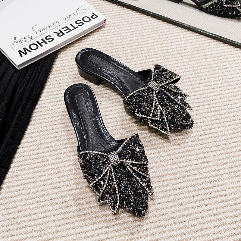 Fashion Summer New Shoes for Women Pointed Toe Slipper Glitter Bowknot Outdoor Casual Sandals Girl Heels Mules Shoes Zapatos De Mujer