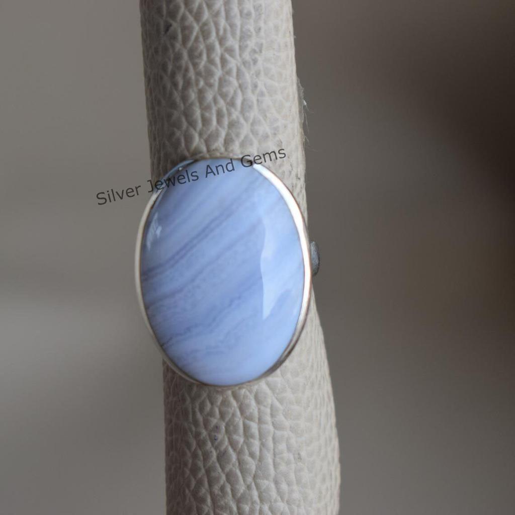 Natural Blue Lace Agate Ring, Handmade Ring, 925 Sterling Silver Ring, Oval Agate Ring, Gift for Her, Big Gemstone Ring