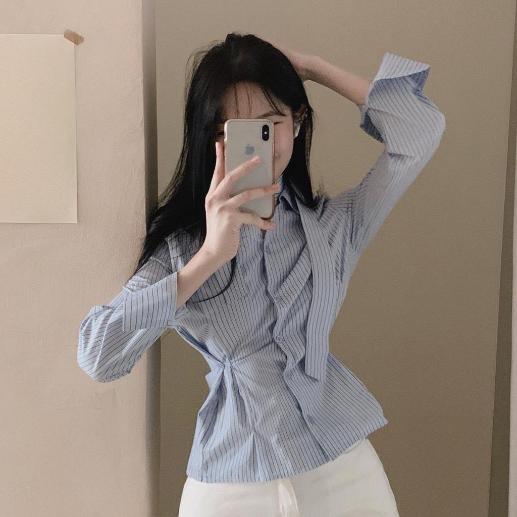 2026 Spring/Autumn Korean Chic V-Neck Ribbon Waist-Cinching Versatile Striped Women's Top