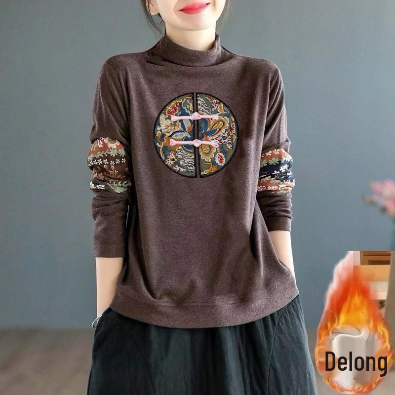 

Retro Ethnic Print Velvet Top: Semi-High Collar, Double-Sided Velvet, Long Sleeves, Warm, Loose Fit XL [For 110-130 kg]