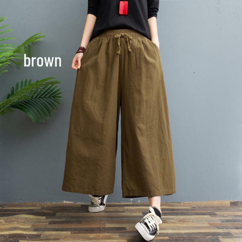 Plus Size Summer Cotton Linen Wide-Leg Pants - Lightweight, Versatile Eight-Point Culottes
