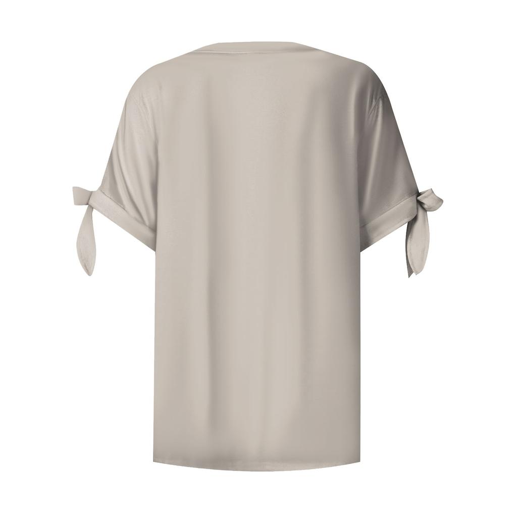 Women's Fashion Summer V-Neck Bow Short Sleeve Solid Color Button T-Shirt Top
