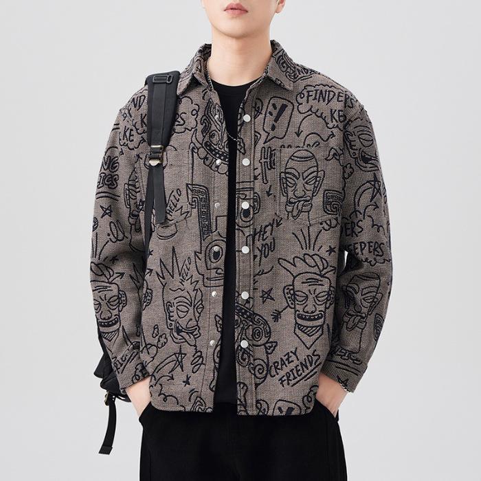 Neues Frühling Japanisches Retro Herren Lockeres Hemd Farbe Gestrickt Jacquard Lässig Amerikanisches Hemd